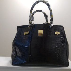 Large black leather handbag